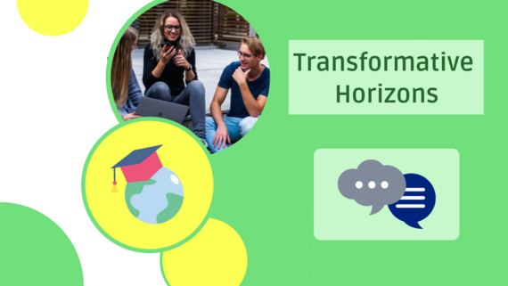 Junge Menschen, die miteinander Sprechen, englische, amerikanische, spanische und deutsche Flagge um den Schriftzug Transformative Horizons
