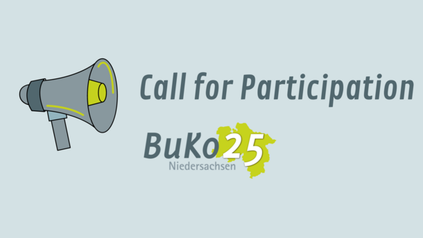 Ein Megafon, daneben der Schriftzug "Call for Participation BuKo 25"