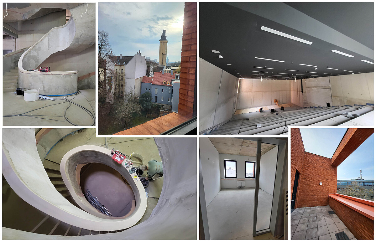 Collage aus Eindrücken aus dem Inneren des noch im Bau fefindlichen Gebäudes